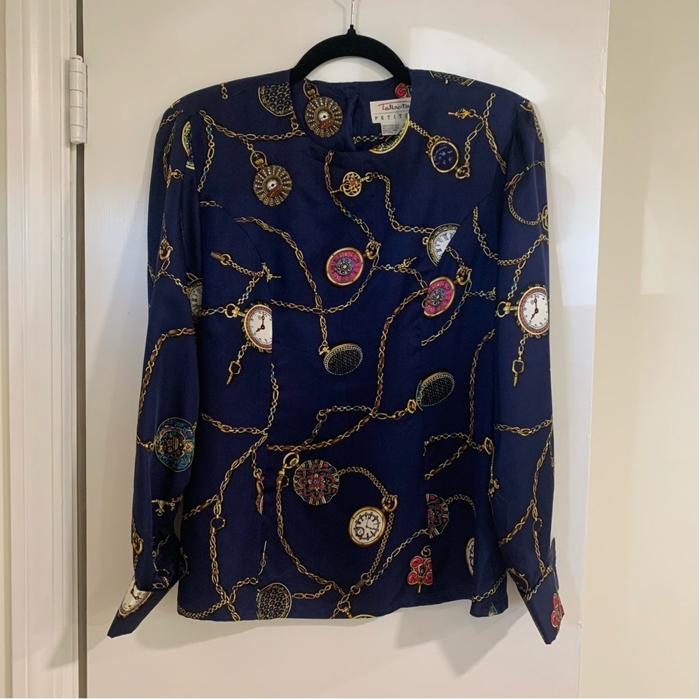 Talbots Vintage‎ 100% Silk Gold Chain Watch Button Back Blouse Career Money Sz 6